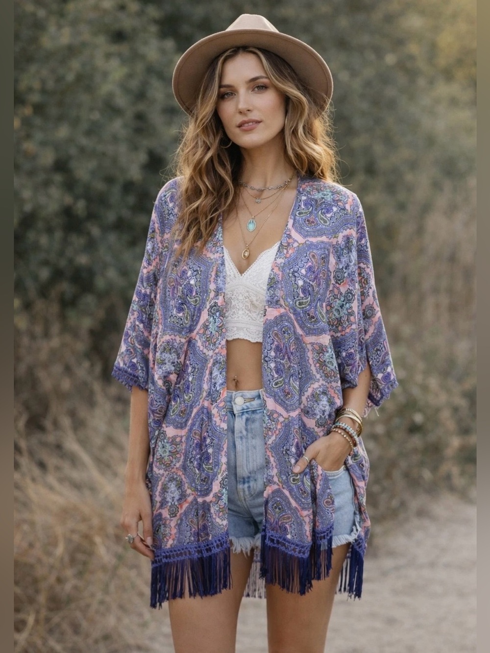 Victoria's Secret Pink Purple Paisley Open Front Kimono Coverup Fringe M/L